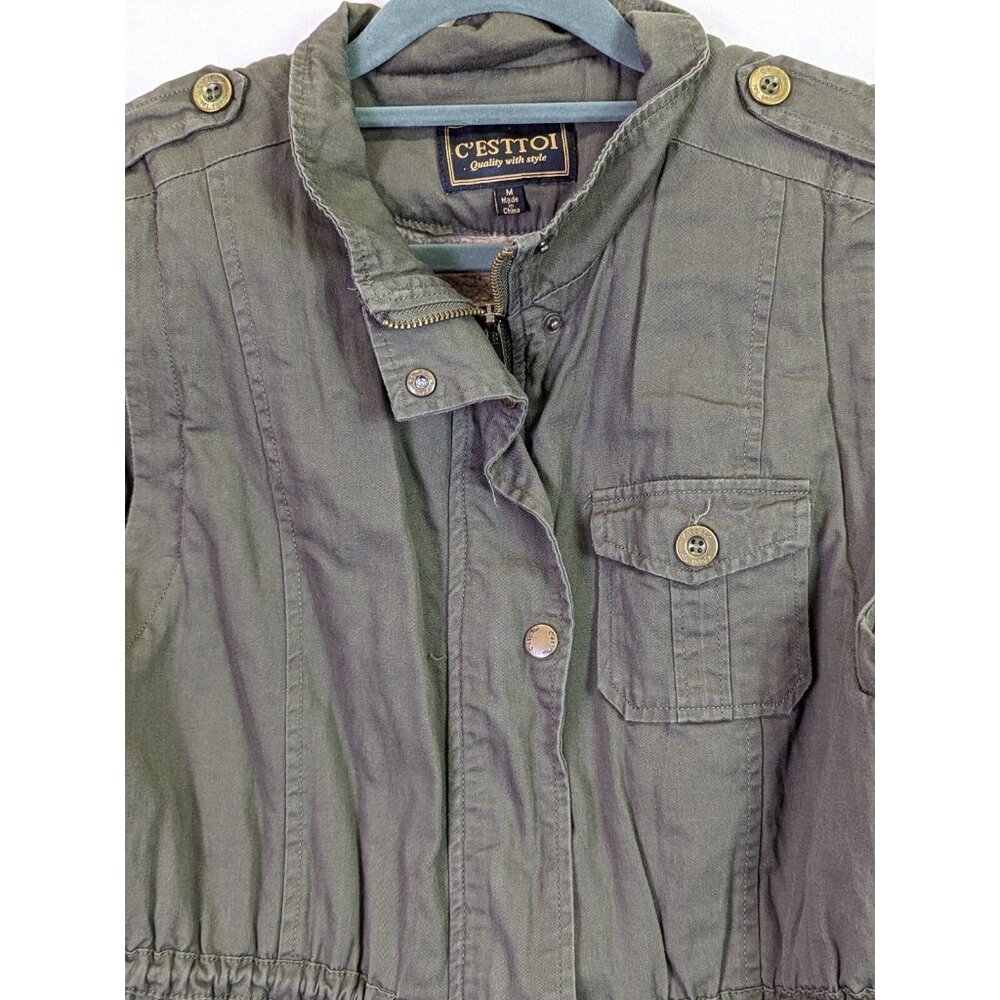 C Esttoi Women size M Vest Green Army Button Up Zip Waist Sherpa Lining Jacket - Picture 3 of 13